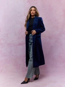 MISSGUIDED Longline Velour Double Breasted Coat Winter Wear - Navy Blue - View 4