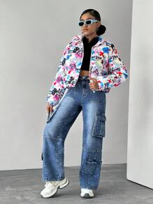 SHEIN Teen Girls Padded Graffiti Print Warm Jacket, Fall & Winter - Multicolor - View 3