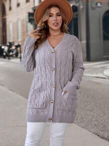 EMERY ROSE Plus Size Women's Solid Color Cable Knit Cardigan - Grey - View 4