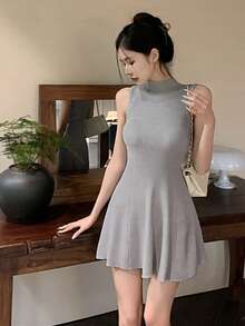 女士无袖针织修身 A 字中长连衣裙 - 灰色 - 查看 6