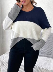 SHEIN LUNE Áo len dài tay cổ tròn màu tương phản cỡ lớn - Nhiều màu - Xem 5
