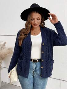 EMERY ROSE Chaqueta de punto de manga larga con cuello en V, bolsillos y tejido de cable para mujer de talla grande - azul real - Ver 6