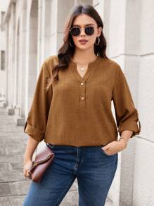 SHEIN LUNE Camisa azul de talla grande, con diseño de bolsillo, mangas enrollables, hecha de efecto denim, ropa de mujer cómoda y transpirable, blusas de mujer para otoño - Marrón - Ver 4