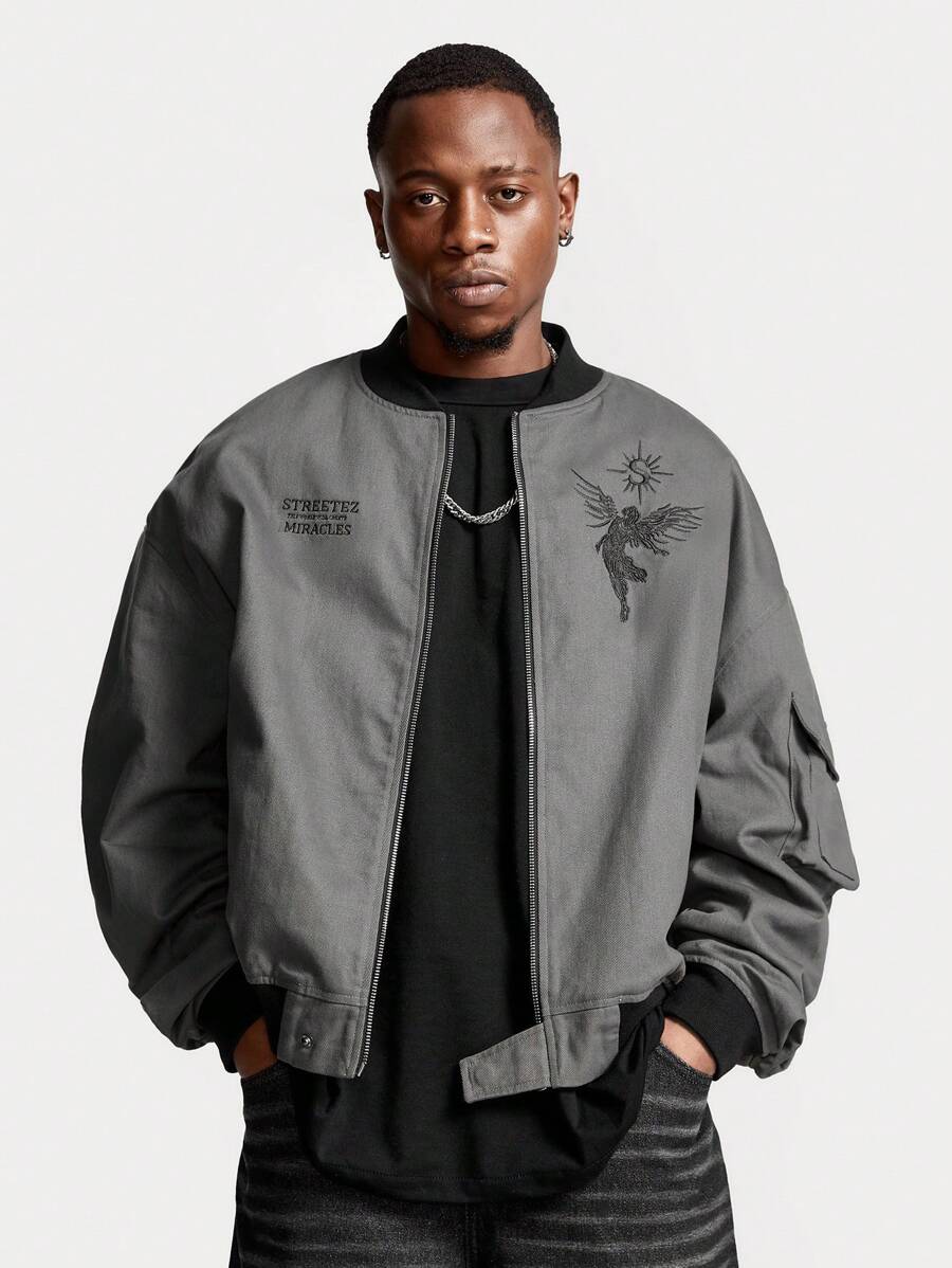 Manfinity VCAY Chaqueta cortavientos de ajuste holgado con estampado gráfico con cremallera para hombre, para otoño e invierno - Gris - Ver 1