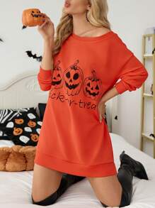 SHEIN Essnce Damen Halloween Thema Sweatshirt mit Langarm und Rundhals-Ausschnitt, Grafik Sweatshirt, Kürbis Sweatshirt, Halloween Sweatshirt, Halloween Kleidung, Oversized Sweatshirt, Warm gefütterter Sweatshirt mit Fleece, Off-Shoulder Sweatshirt - Gebrannte Orange - Übersicht 3