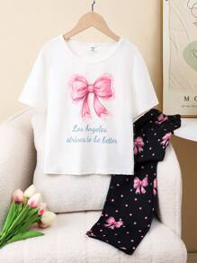 女童 2 件套睡衣套装 - 包括长裤和短袖衬衫，采用蝴蝶结印花设计，休闲优雅的家居服，适合少女 - 彩色 - 查看 3