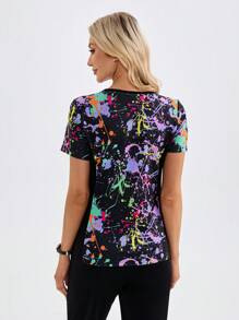 TaskEZ 2 Pockets V-Neck Short Sleeve Splash Ink Printed Uniform Top Scrub Top