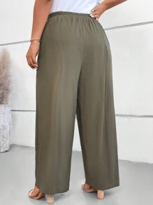 SHEIN VCAY Quần dài thường ngày màu trơn cỡ lớn cho nữ - xanh quân đội - Xem 2
