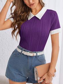 SHEIN Essnce Women Short Sleeve Contrast Color Block Collar T-Shirt - Violet Purple - View 1