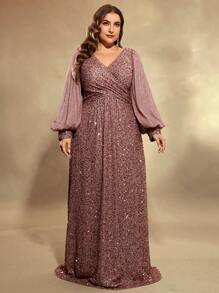 UNITHORSE 大码灯笼袖亮片正式礼服，优雅长袖舞会晚宴婚礼宾客礼服，适合毕业典礼、晚宴、新娘礼服、生日派对等场合，春季派对礼服 - 咖啡棕 - 查看 4