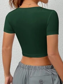 SHEIN EZwear Camiseta corta de mujer de verano con cuello cuadrado y mangas cortas, de un solo color y sin costuras, verde oliva