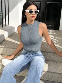 SHEIN EZwear Women Solid Color Sleeveless Knitted Top - Grey - View 4