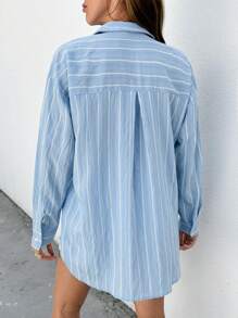 EURMUSE White Stripe Drop Shoulder Long Sleeve Shirt - Blue and White - View 2