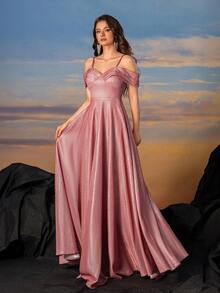 Fishbone Back Criss-Cross Banding Press Pleated Sleeve Shimmering Silk Dress - Pink - View 7