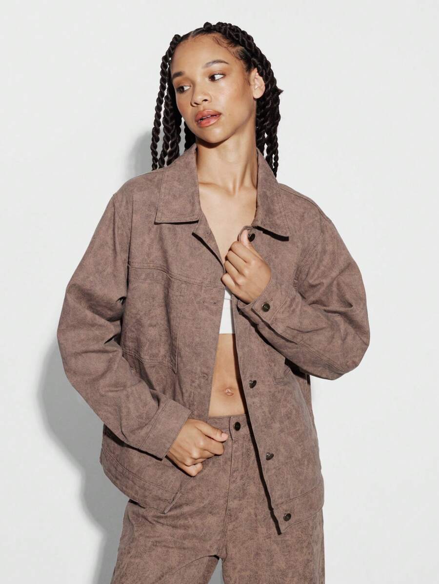 SUMWON WOMEN Trucker Jacket Premium Suede Oversized Utility Style Fall Winter Outerwear Button Front Casual Streetwear Essential Layer Fashion Statement Piece - Brown - View 1