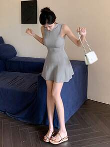 女士无袖针织修身 A 字中长连衣裙 - 灰色 - 查看 5