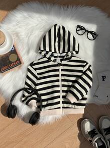 SHEIN 男婴可爱条纹拉链连帽运动衫，适合秋冬季外出和幼儿园 - 彩色 - 查看 6