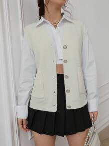 EMERY ROSE 高级休闲 V 领口袋针织背心 - 白色 - 查看 4