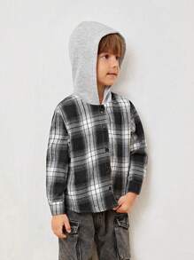 SHEIN 1 件韩版男女通用加大码格子连帽长袖衬衫适合旅行、日常穿着、上学、运动、春秋季 - 黑色 - 查看 5