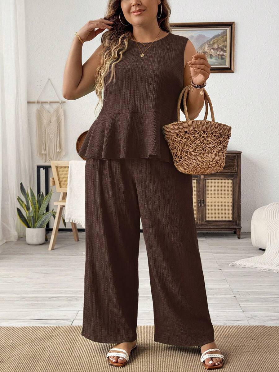 SHEIN LUNE Plus Size Women Summer Solid Color Round Neck Ruffle Hem Camisole And Wide Leg Loose 2 Pieces Set - Coffee Brown - View 1