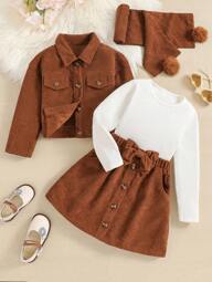 SHEIN Elladie kids Young Girl And Young Girl 4pcs/Set Corduroy Jacket + White Casual T-Shirt + Corduroy Skirt + Coordinating Scarf, Versatile And Highly Attractive, Suitable For Casual Occasions