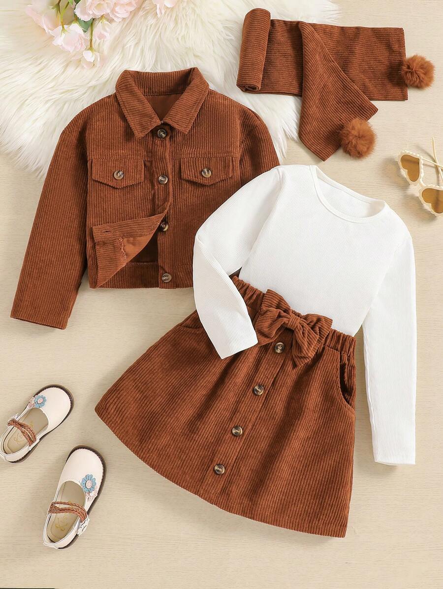 SHEIN Genkimix Kids Bộ 4 món/bộ áo khoác nhung kẻ + áo phông trắng thường ngày + chân váy nhung kẻ + khăn quàng cổ phối hợp, đa năng và cực kỳ hấp dẫn, phù hợp cho những dịp thường ngày - Nhiều màu - Xem 1