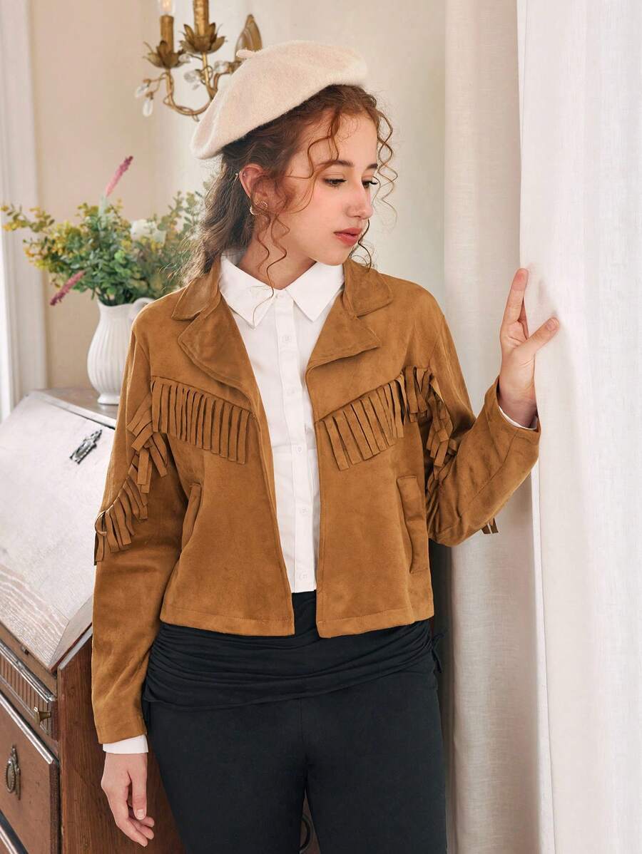 SHEIN Teen Girls PU Fringed Cropped Jacket