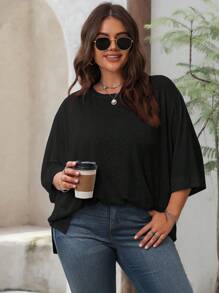 SHEIN LUNE Simple Basic Loose Short Sleeve T-Shirt For Casual & Home Wear, Plus Size - Black - View 4