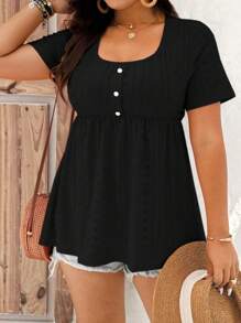 EMERY ROSE Plus Size Women Summer Solid Color Button Half-Placket Short Sleeve Casual T-Shirt - Black - View 6