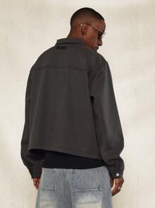SUMWON Premium Wool Twill Boxy Trucker Jacket Workwear Edition With Metal Zip Front Fall Winter Outerwear Classic Streetwear Design - Black - View 2