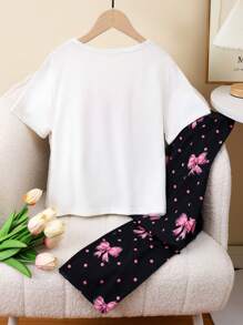 女童 2 件套睡衣套装 - 包括长裤和短袖衬衫，采用蝴蝶结印花设计，休闲优雅的家居服，适合少女 - 彩色 - 查看 2