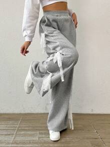 SHEIN Essnce 女士灰色蕾丝蝴蝶结阔腿运动裤