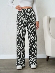 SHEIN Tall 纯棉高腰女士黑白休闲印花阔腿裤 - 黑與白 - 查看 4