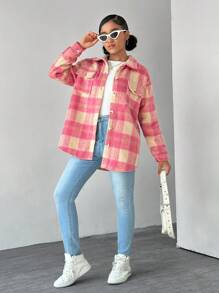 Teen Girls' Rose Red Plaid Mid-Length Casual Formal Jacket, Autumn/Winter