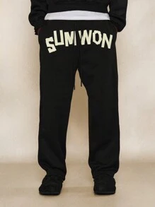SUMWON Premium Athletic Jogger Sweatpants Drawstring Waistband With Graphic Design Loungewear Fall Winter College Style Vintage Logo Streetwear Casual Gym Sports - Black - View 2
