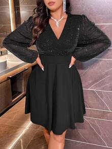 Plus Size Women Elegant V-Neck Rhinestone Embellished Slimming Fitted Dress - Black - View 5