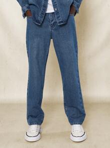 SUMWON Bộ 2 món áo sơ mi denim viền cong oversized và quần jean ống đứng - Màu xanh lam - Xem 4