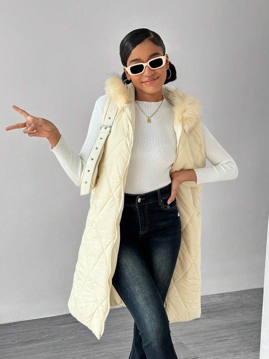 Chaleco acolchado y acolchado con capucha para exteriores para adolescentes, color beige