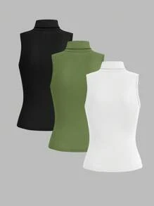 SHEIN LUNE Áo ba lỗ không tay cổ lọ tối giản màu trơn dành cho nữ 3 món/bộ - Nhiều màu - Xem 2