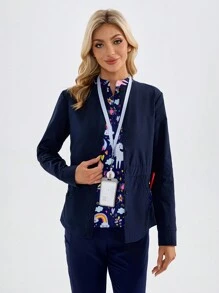 TaskEZ Star Print Long Sleeve Pocket Scrub Uniforms Jacket - Navy Blue - View 8