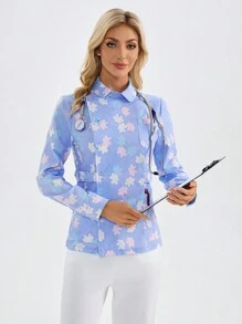 TaskEZ 女士碎花长袖工作服碎花护士制服秋冬季女短袖分体套装薄款长袖口腔牙科护理月子工作服磨砂制服 - 彩色 - 查看 1
