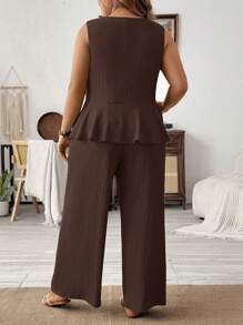 SHEIN LUNE Plus Size Women Summer Solid Color Round Neck Ruffle Hem Camisole And Wide Leg Loose 2 Pieces Set - Coffee Brown - View 2