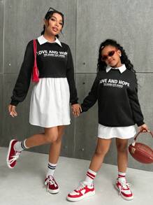 SHEIN Essnce 女式春夏标语印花长袖休闲宽松迷你连衣裙 - 黑與白 - 查看 4