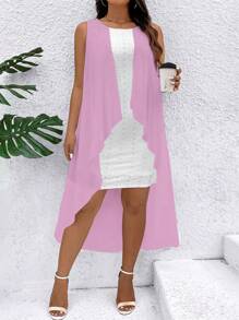 SHEIN Clasi Vestido sin mangas con bloqueo de color, volantes y bajo asimétrico para mujer de talla grande - Multicolor - Ver 3