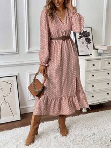 Calvaya Đầm Maxi Nữ Cổ Chữ V Cài Nút Tay Dài Chấm Bi Viền Xếp Ly Bất Đối Xứng Cho Nữ - Nhiều màu - Xem 2