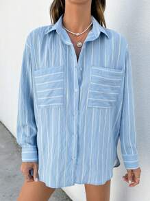 EURMUSE White Stripe Drop Shoulder Long Sleeve Shirt - Blue and White - View 5