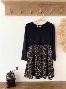 SHEIN Leap Crew Young Girl Knitted Solid Color Patchwork Floral Casual Dress - Black - View 3