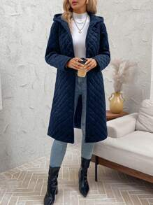 SHEIN Clasi Abrigo acolchado con capucha de moda para mujer, para otoño/invierno, con bolsillos en diagonal