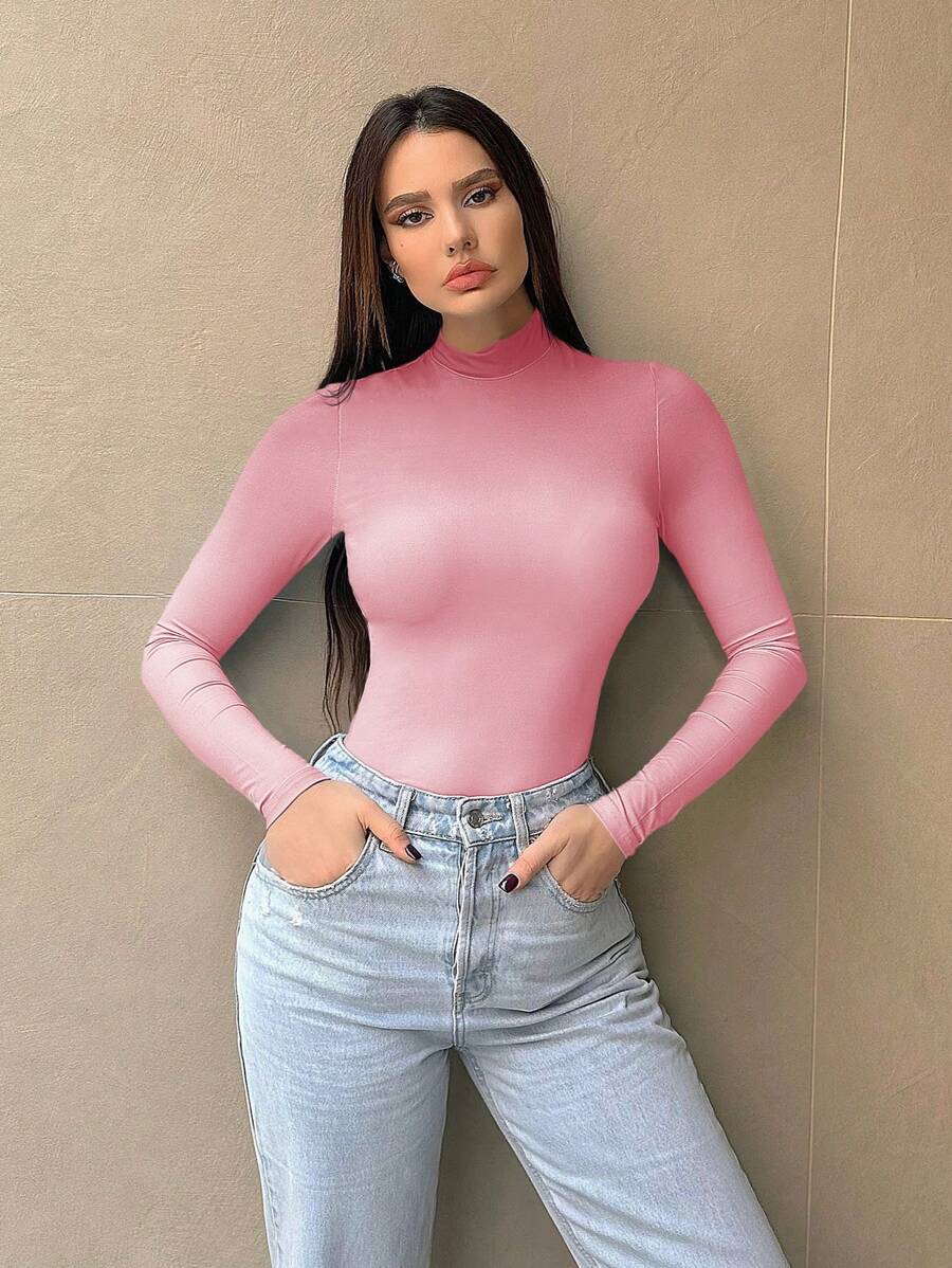 SHEIN Essnce 女士长袖立领渐变色修身紧身衣 - 粉色 - 查看 1