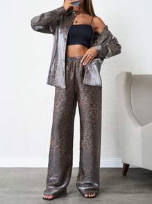 SHEIN Tall Women's Tall Leopard Print Shirt, Pants Two-Pieces Co-Order Set - Multicolor - View 3